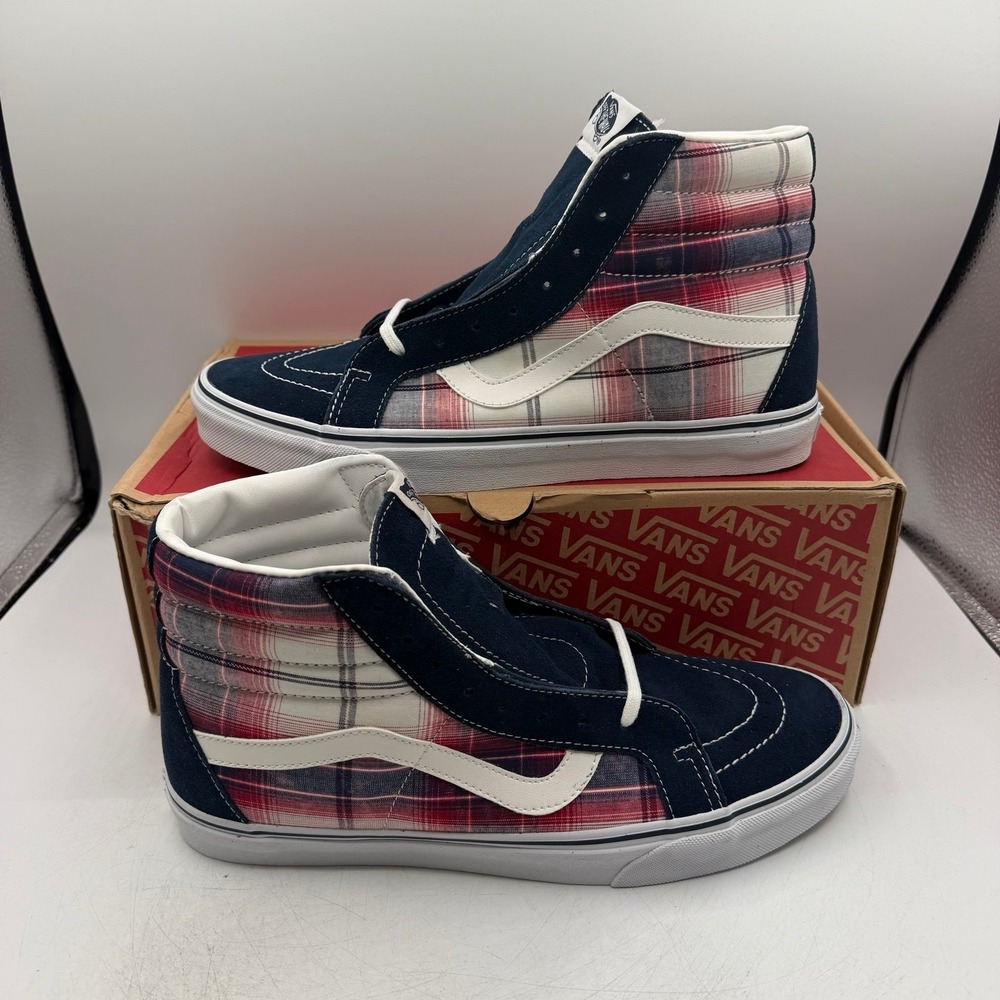 VANS SK9-Hi Reissue Shoes‎ Mens Sz 11.5 Navy Blue/Red Distressed Plaid Sneakers